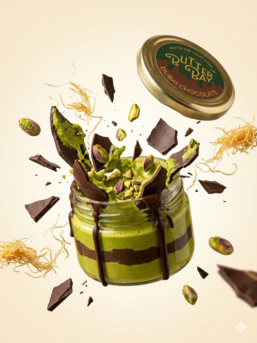 Butter Bay Dubai Chocolate Spread — pistachio and chocolate layers with gold lid